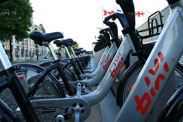 BIXI Bikes lined up in Old Montreal