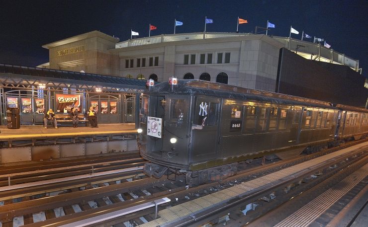 MTA nostalgia subway train stopped at the new Yankee Stadium