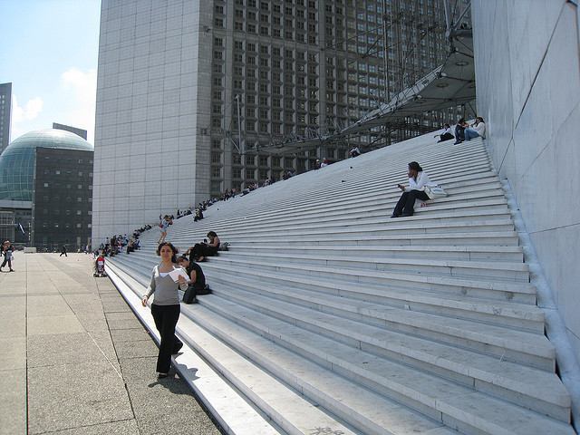A close up of the stairs leading to the Arche de la Défense add a sense of scale to this huge monument