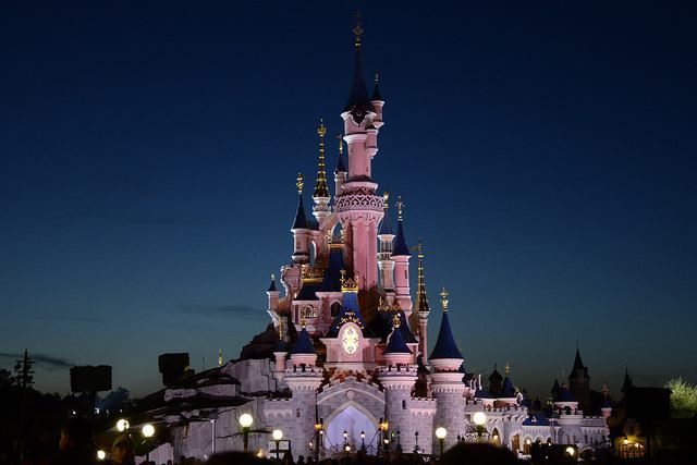 Night settles on Sleeping Beauty's Castle in Disneyland Paris