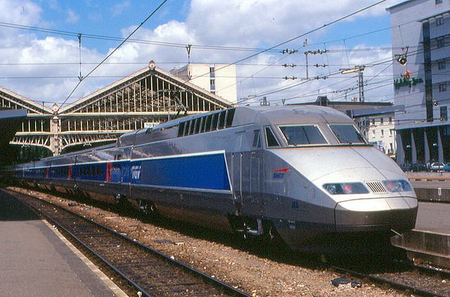 A Highspeed TGV Train at a station in Tours France