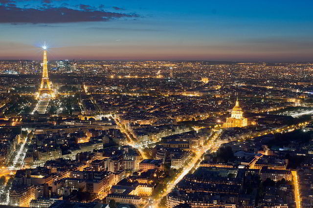 Spectacular view of Paris at night from on top of Tour Montparnasse