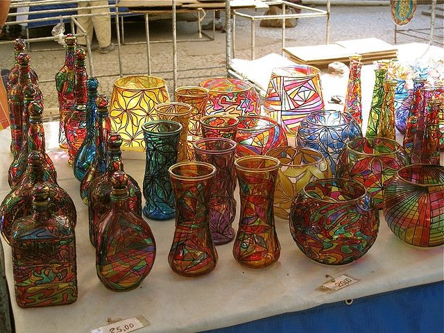 Colour handcrafted vases on display at the Ipanema Hippie Fair Craft Market