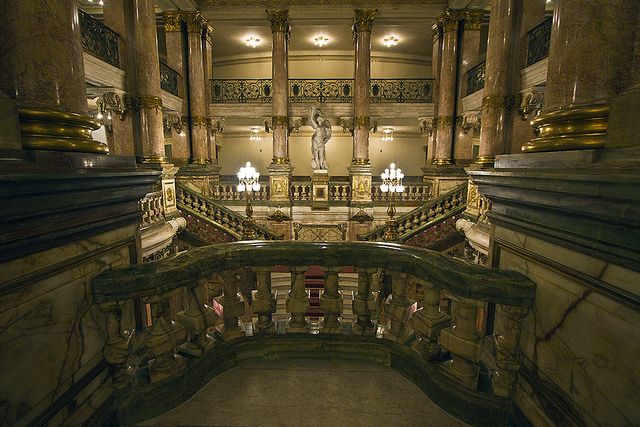 Opulent staircases and balconies inside the Municipal Theatre in Rio
