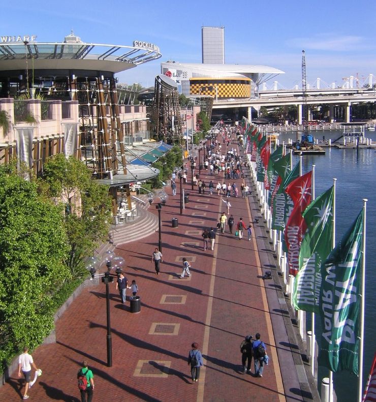 People out enjoying the pedestrian friendly Darling Harbour
