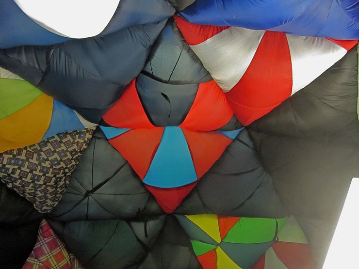 A colorful piece created from inflating a structure made of textiles