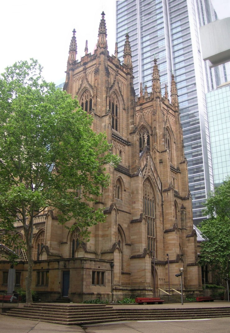 Gothic Revival Architecture of St. Andrew's Cathedral contrasted starkly with the modern surroundings