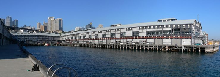 Panoramic view of the Wharf Theatre from an adjacent pier