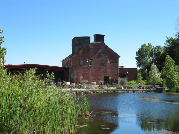 Ponds paths and historic buildings at Don Valley Brickworks Park