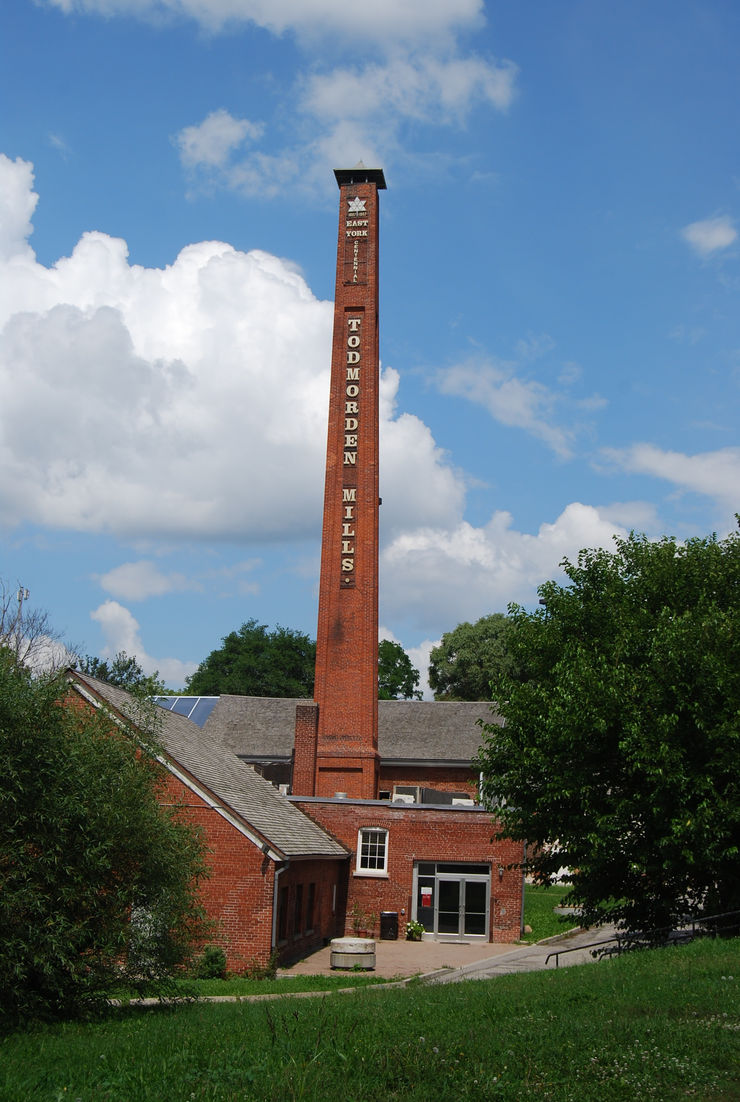 The historic paper mill and landmark chimney at the Todmorden Heritage Site in Toronto