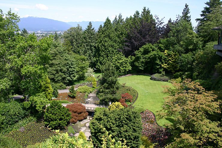 Queen Elizabeth Park Garden with Vancouver and North Shore Mountains in background 