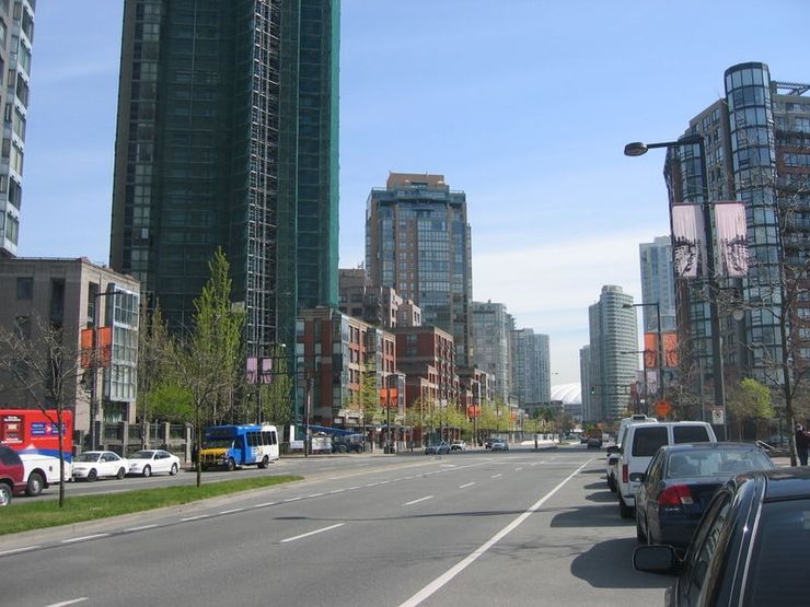 Mix of older and new buildings on Pacific Blvd. in Yaletown