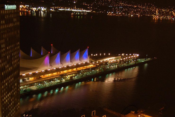 Canada Place with the sails lit at night.
