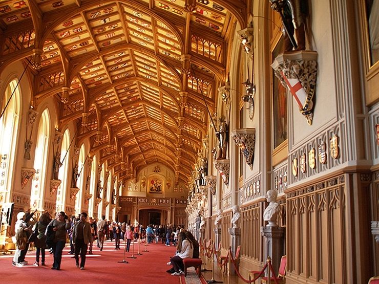 Saint George's Hall inside Windsor Castle is decorated with the shields and armor or over 1000 knights