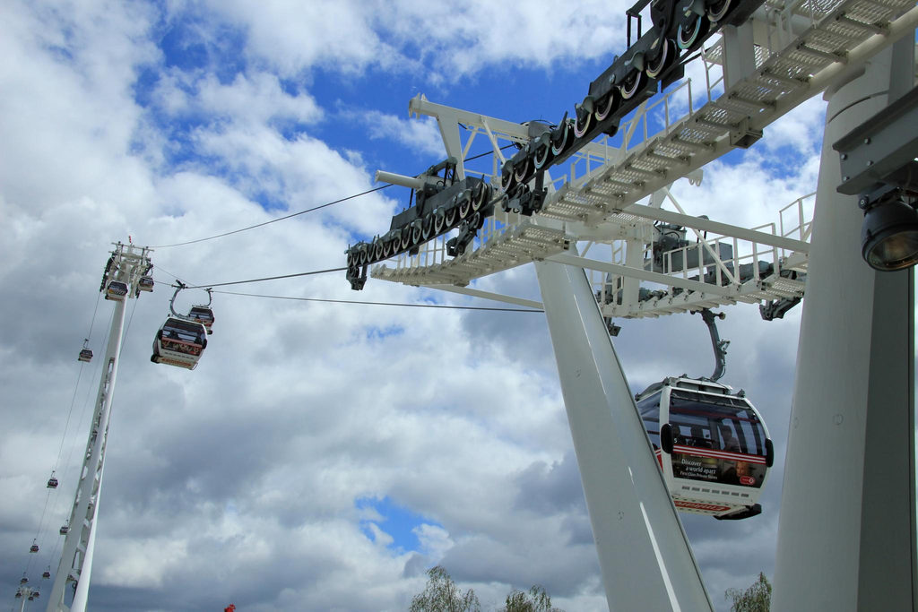 Emirates Air Line London Cable Car carrying passengers high above the Thames