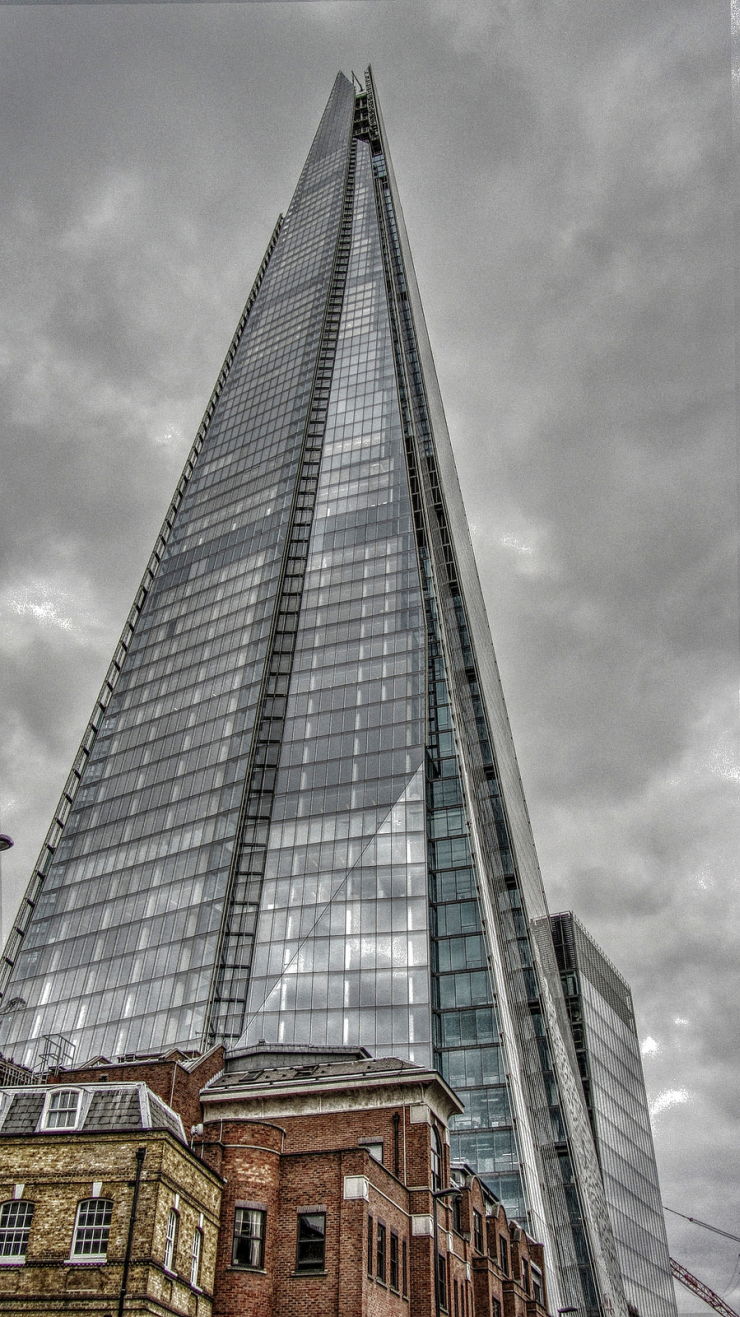A dramatic view of The Shard looking up from the ground