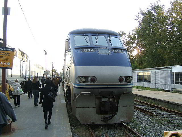 Passengers boarding an exo commuter train at Lucien l'Allier Station