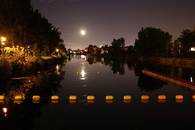 Beautiful shot of the Lachine Canal at night taken from the bridge at Rue des Seigneurs