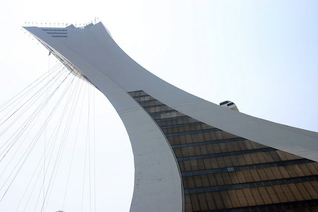 View of the funicular climbing the side of Montreal Tower on Olympic Stadium