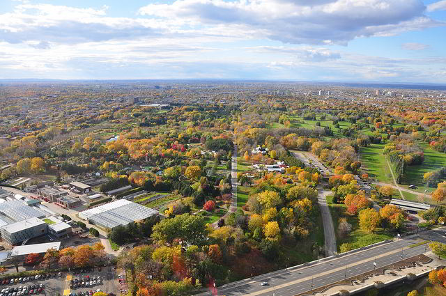 View to the west on a beautiful autumn day with Montreal Botanical Garden in the foreground