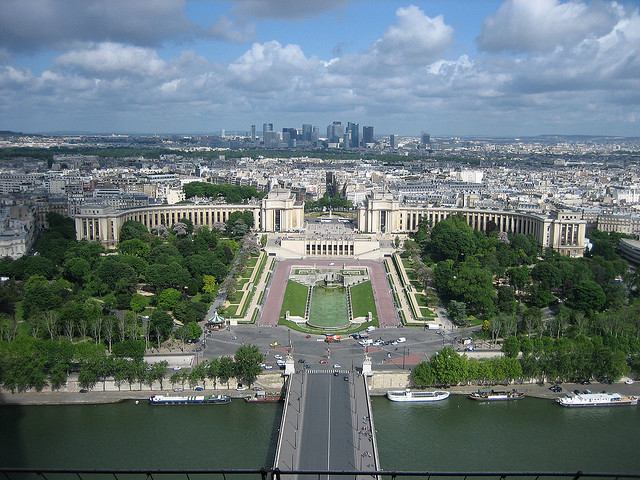 Spectacular view from part way up the Eiffel Tower with the River Seine and Jardin du Trocadero in the foreground