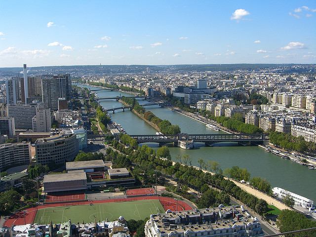 A beautiful view looking southwest along the River Seine is from part way up the Eiffel Tower