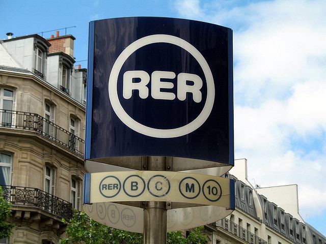 Sign indicating an RER Station the serves line B and C as well as line 10 on the Metro
