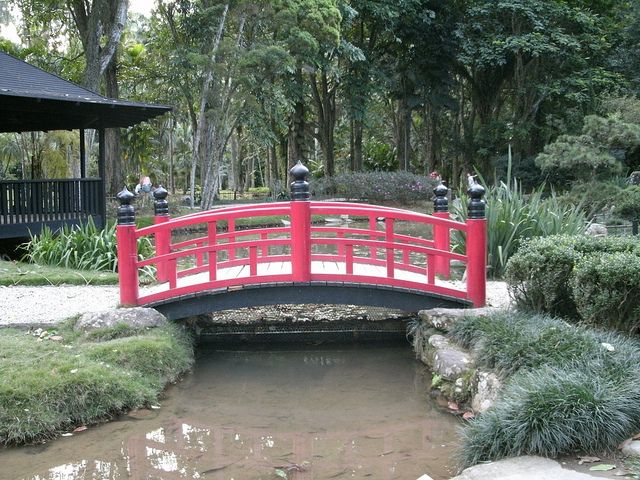 Bridge across water feature in the Japanese Garden