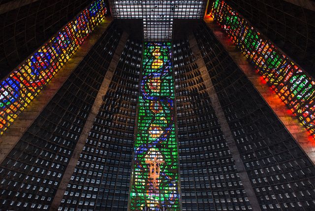 Looking up at the impressive stained glass mosaics inside the Cathedral