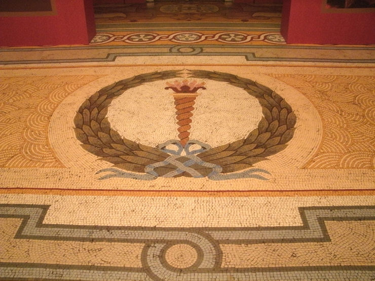 Intricate tilework adorns the floor