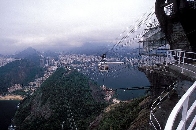Gondola approaching the top of Sugarloaf Mountain with Rio in the background
