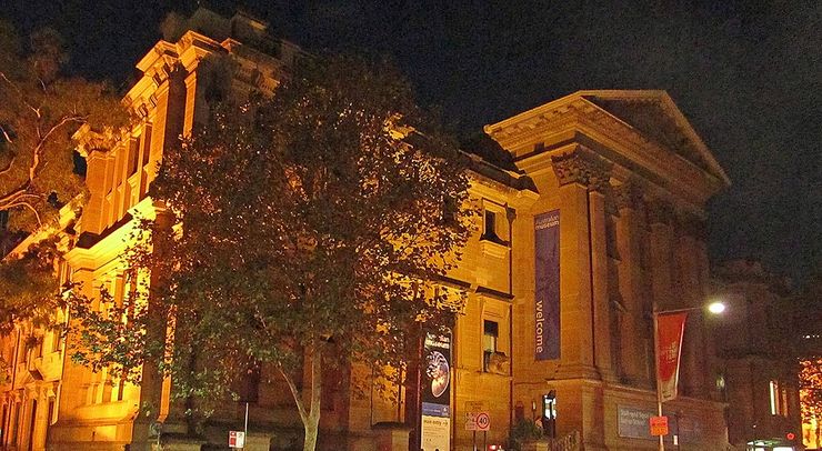 Floodlit facade of the Australian Museum in Sydney