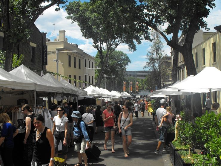 People enjoying the weekend outdoor market in The Rocks