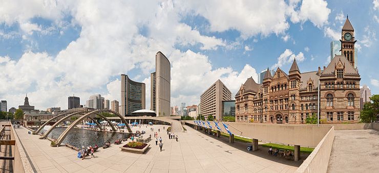 Panoramic view of Nathan Phillips Square showing both the old and new City Hall