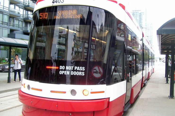 Interior of a TTC Flexicity Streetcar showing the Fare Tap Device