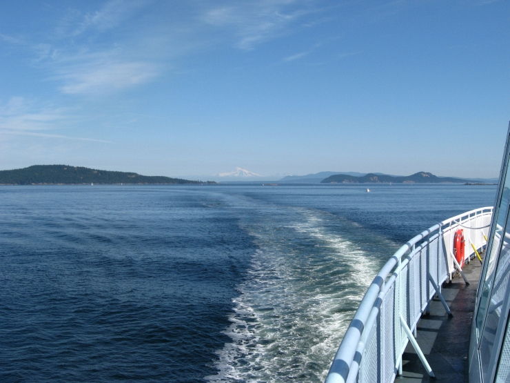 Ferry wake stretching back towards Active Pass and Mount Baker