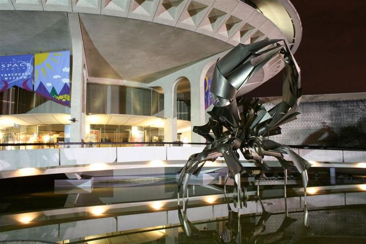 HR McMillan Space Centre Entrance with Crab Sculpture at night